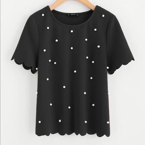 SHEIN Scallop Trim Pearl Embellished Textured Top